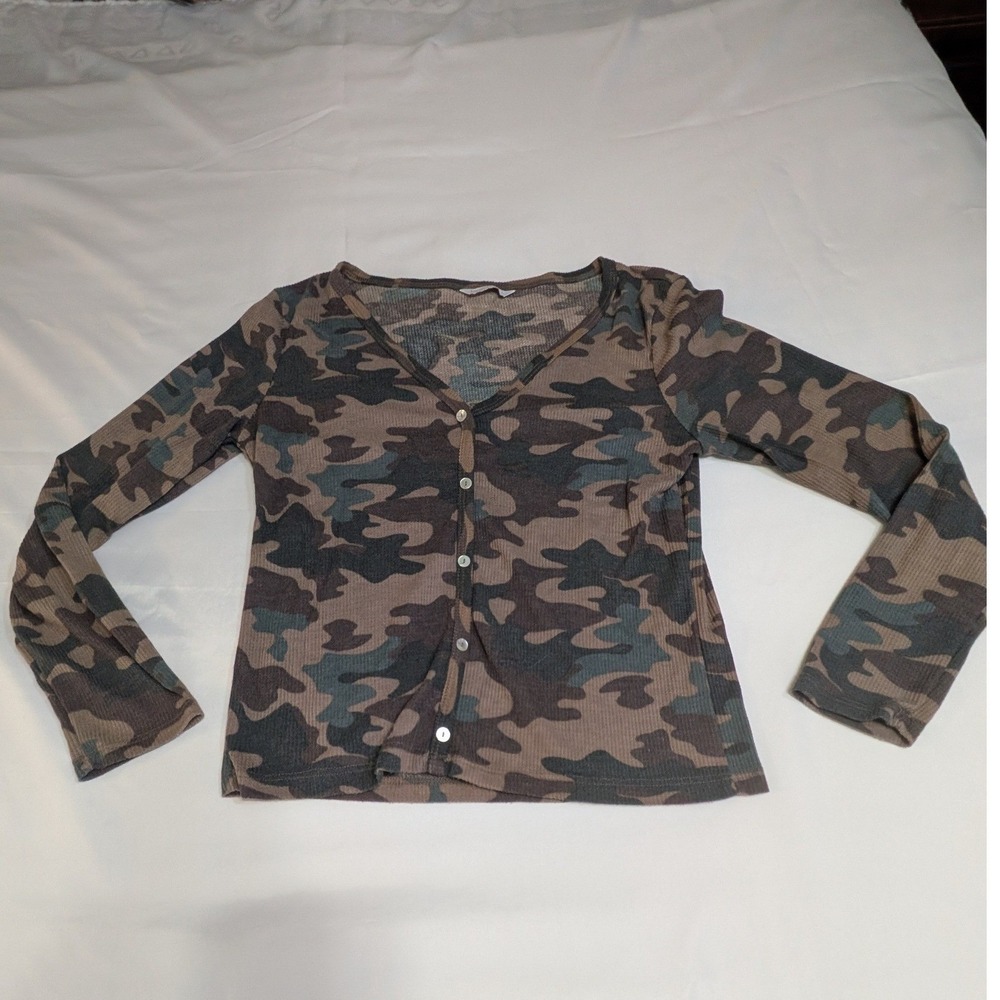 Tresics‎ Camouflage Waffle Knit Cardigan Womens Large Green Brown V-Neck